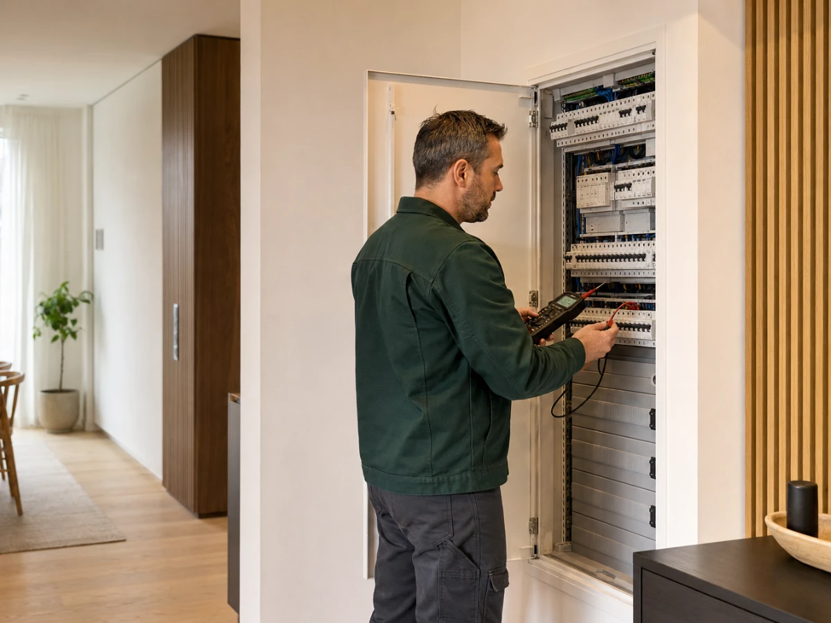 Elektriker bei der fachgerechten Prüfung einer modernen Elektroverteilung in einem Münchner Wohnhaus