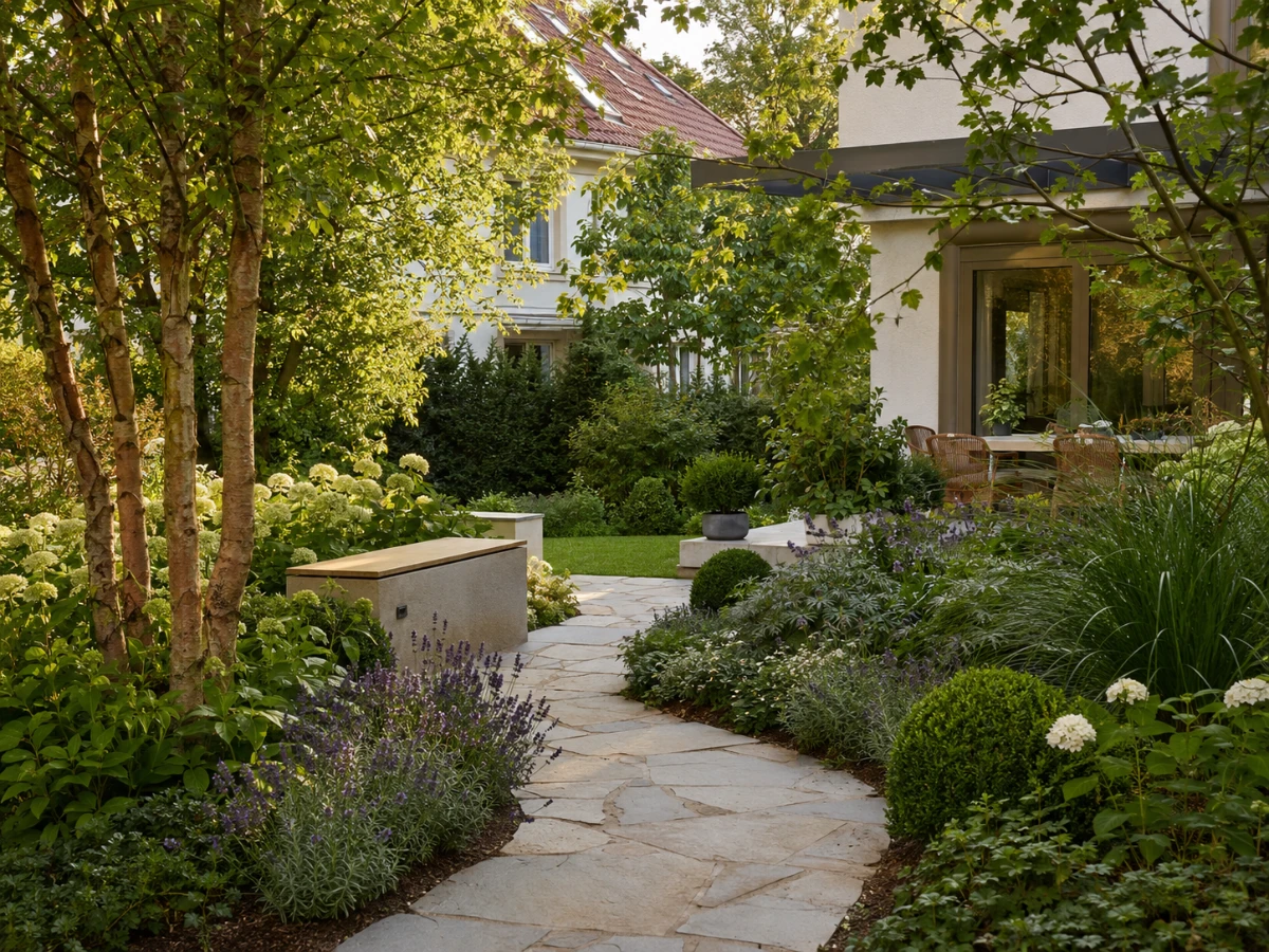 Modern gestalteter Privatgarten mit Naturstein, Rasen und Bepflanzung als Beispiel für Gartenbau in München