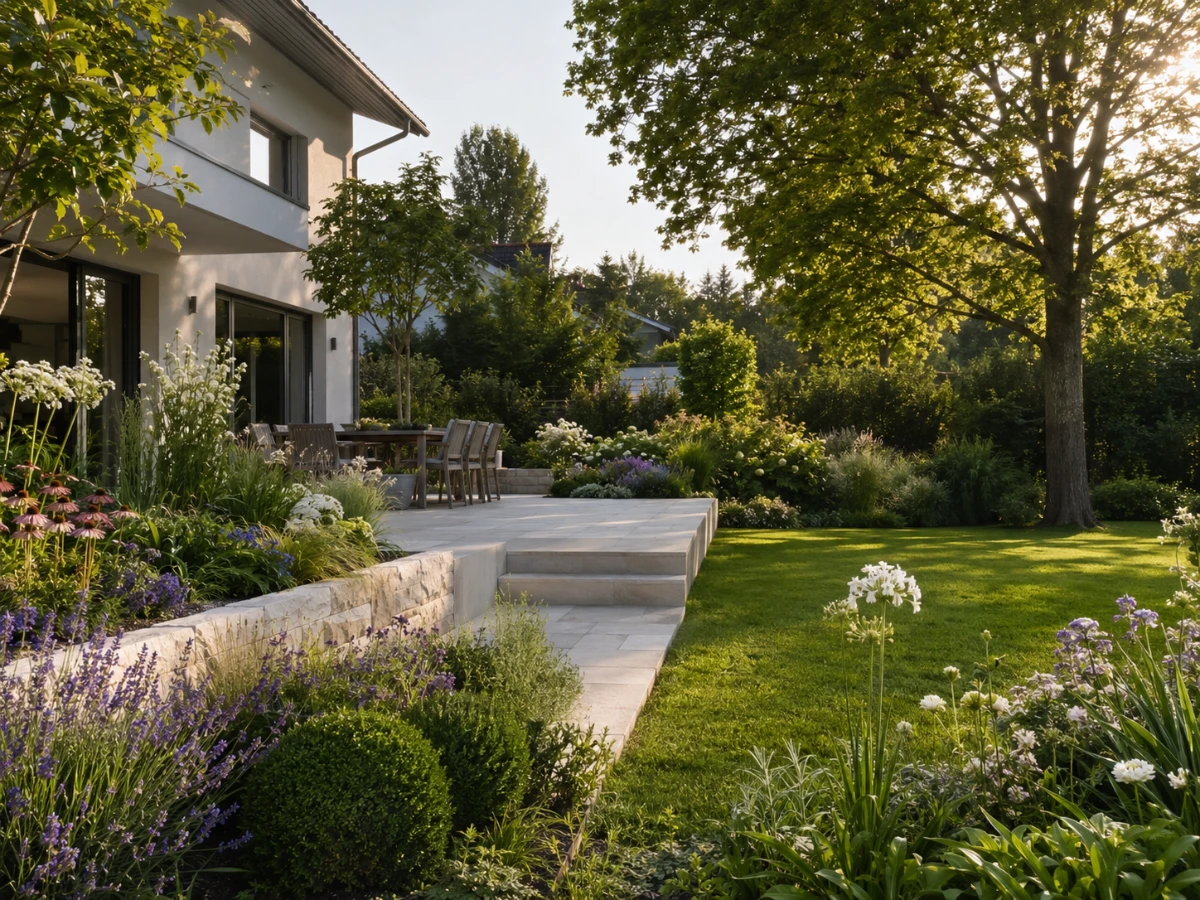 Modern gestalteter Privatgarten mit Naturstein, Rasen und Bepflanzung als Beispiel für Gartenbau in München